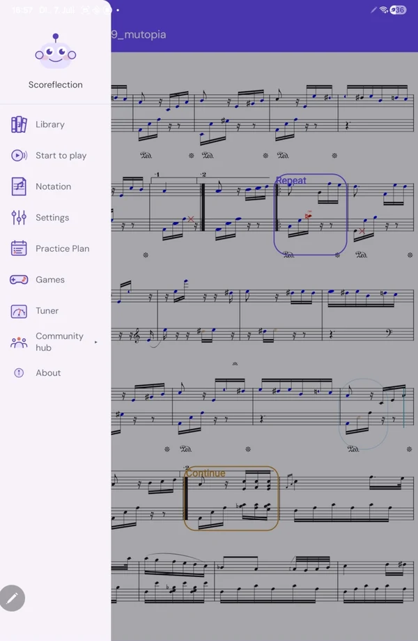 A score open in Scoreflection, with the practice menu: library, start to play, notation, practice plan, games, tuner.
