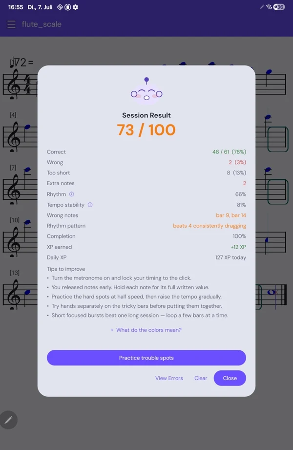 A finished session scored 73 out of 100: 48 of 61 notes correct, 2 wrong, 8 too short, 2 extra notes, wrong notes in bars 9 and 14, and tips on what to fix.