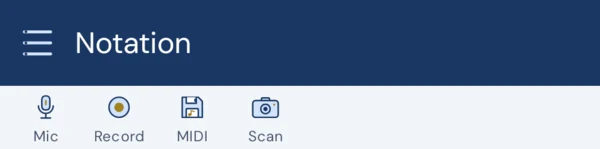 The app's input row: microphone, record, MIDI and scan, side by side above the staff.
