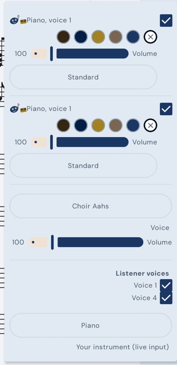 The Voices and Sounds panel. Two rows headed Piano, voice 1, each with a tick box, five colour swatches, a Volume slider reading 100 and an instrument button reading Standard. Below them a Choir Aahs voice, a Listener voices list, and the live- input instrument set to Piano.